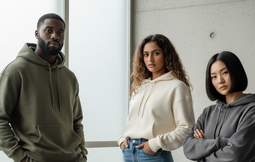 make a  professional clothing brandimage of 3-4 men and women wearing hoodies and their poses should be aesthetic  that can be uploaded on website